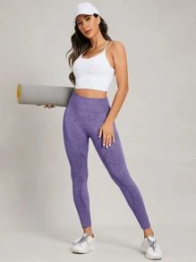 Yoga Basic 緊縮褶皺臀部寬腰帶運動打底褲 - 紫色 - 查看 4