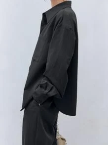 DAZY Solid Button Front Drop Shoulder Shirt & Split Hem Trousers - Black - View 3