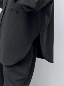 DAZY Solid Button Front Drop Shoulder Shirt & Split Hem Trousers - Black - View 4