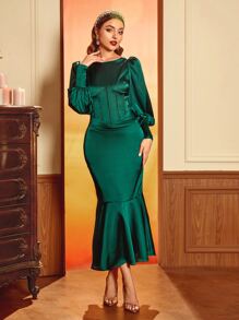 Modelyn 燈籠袖魚尾裙下擺緞面洋裝