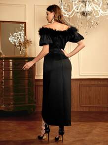Modelyn Off Shoulder Exaggerated Fuzzy Trim Split Thigh Dress - Black - View 3