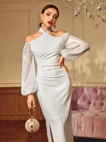 Modelyn Đầm Xù Chia Dây kéo màu trơn Thanh lịch - trắng - Xem 2
