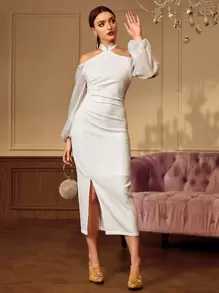 Modelyn Đầm Xù Chia Dây kéo màu trơn Thanh lịch - trắng - Xem 1
