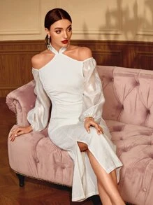 Modelyn Đầm Xù Chia Dây kéo màu trơn Thanh lịch - trắng - Xem 7