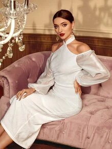 Modelyn Đầm Xù Chia Dây kéo màu trơn Thanh lịch - trắng - Xem 8