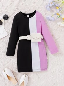 Toddler Girls Colour Block Tee Dress Without Belt - Multicolor - View 1