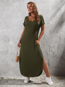 EMERY ROSE Slant Pocket Split Hem Tee Dress - Army Green - View 1
