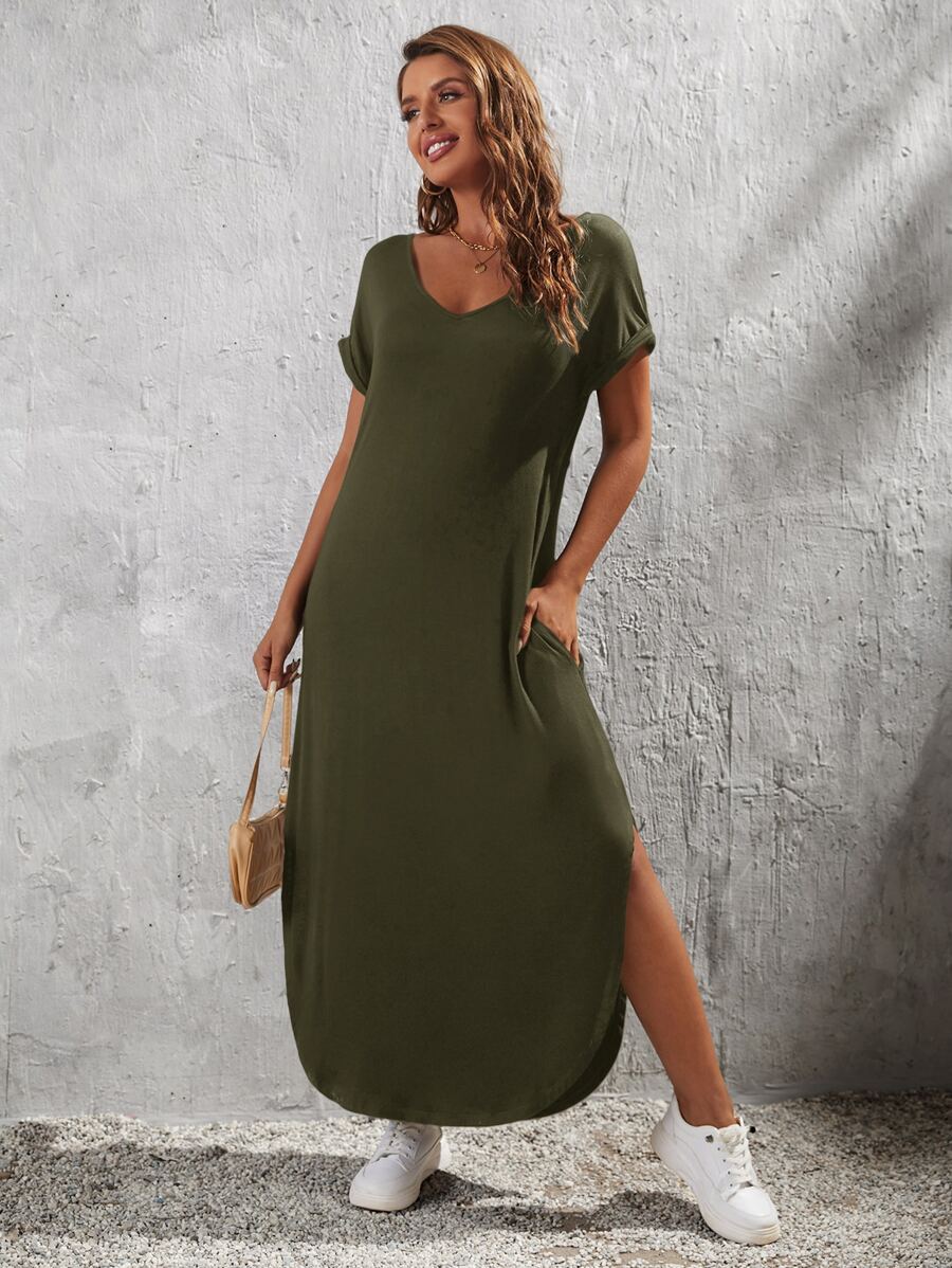 EMERY ROSE Slant Pocket Split Hem Tee Dress - Army Green - View 1