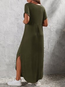 EMERY ROSE Slant Pocket Split Hem Tee Dress - Army Green - View 2