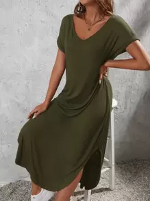 EMERY ROSE Slant Pocket Split Hem Tee Dress - Army Green - View 3