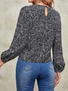 SHEIN Clasi Dalmatian Print Lantern Sleeve Top - Black and White - View 2