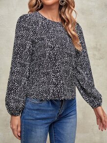 SHEIN Clasi Dalmatian Print Lantern Sleeve Top - Black and White - View 4