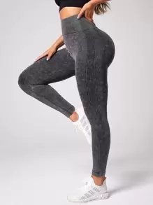 Leggings de yoga lavados, leggings atléticos Panel acanalado Scrunch Butt Control de barriga - Gris Oscuro - Ver 1