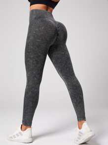 Leggings de yoga lavados, leggings atléticos Panel acanalado Scrunch Butt Control de barriga - Gris Oscuro - Ver 2