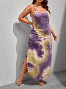 SHEIN VCAY Đầm Plus Size Chia Cà vạt nhuộm Giải trí - Màu tím - Xem 4