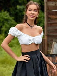 SHEIN Unity Off Shoulder Frill Trim Ruched Crop Top - White - View 1