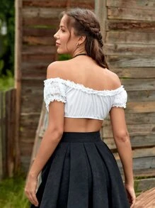 SHEIN Unity Off Shoulder Frill Trim Ruched Crop Top - White - View 2
