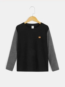 SHEIN Boys Patched Detail Colourblock Tee - Black - View 1