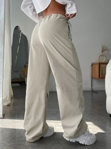 SHEIN EZwear Drawstring Waist Wide Leg Trousers - Apricot - View 2