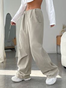 SHEIN EZwear Drawstring Waist Wide Leg Trousers - Apricot - View 3