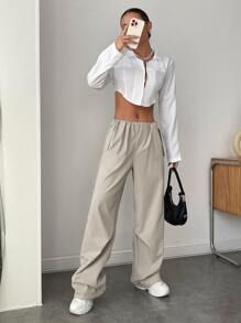 SHEIN EZwear Drawstring Waist Wide Leg Trousers - Apricot - View 4