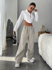 SHEIN EZwear Drawstring Waist Wide Leg Trousers - Apricot - View 5