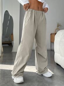 SHEIN EZwear Drawstring Waist Wide Leg Trousers - Apricot - View 6