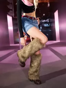 SHEIN ICON Fluffy Leg Warmers - Khaki - View 2