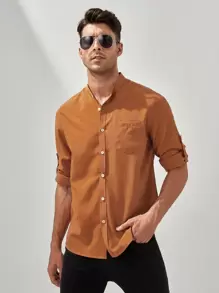 SHEIN X MOHA 男士捲邊袖補丁貼口袋襯衫 - 亮橙色 - 查看 1