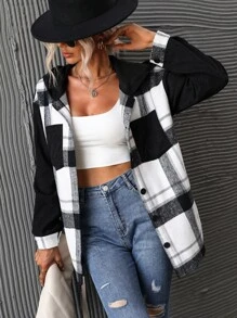 SHEIN LUNE Plaid Print Drop Shoulder Hooded Coat Fall Winter Cloth For Women - Black and White - View 1