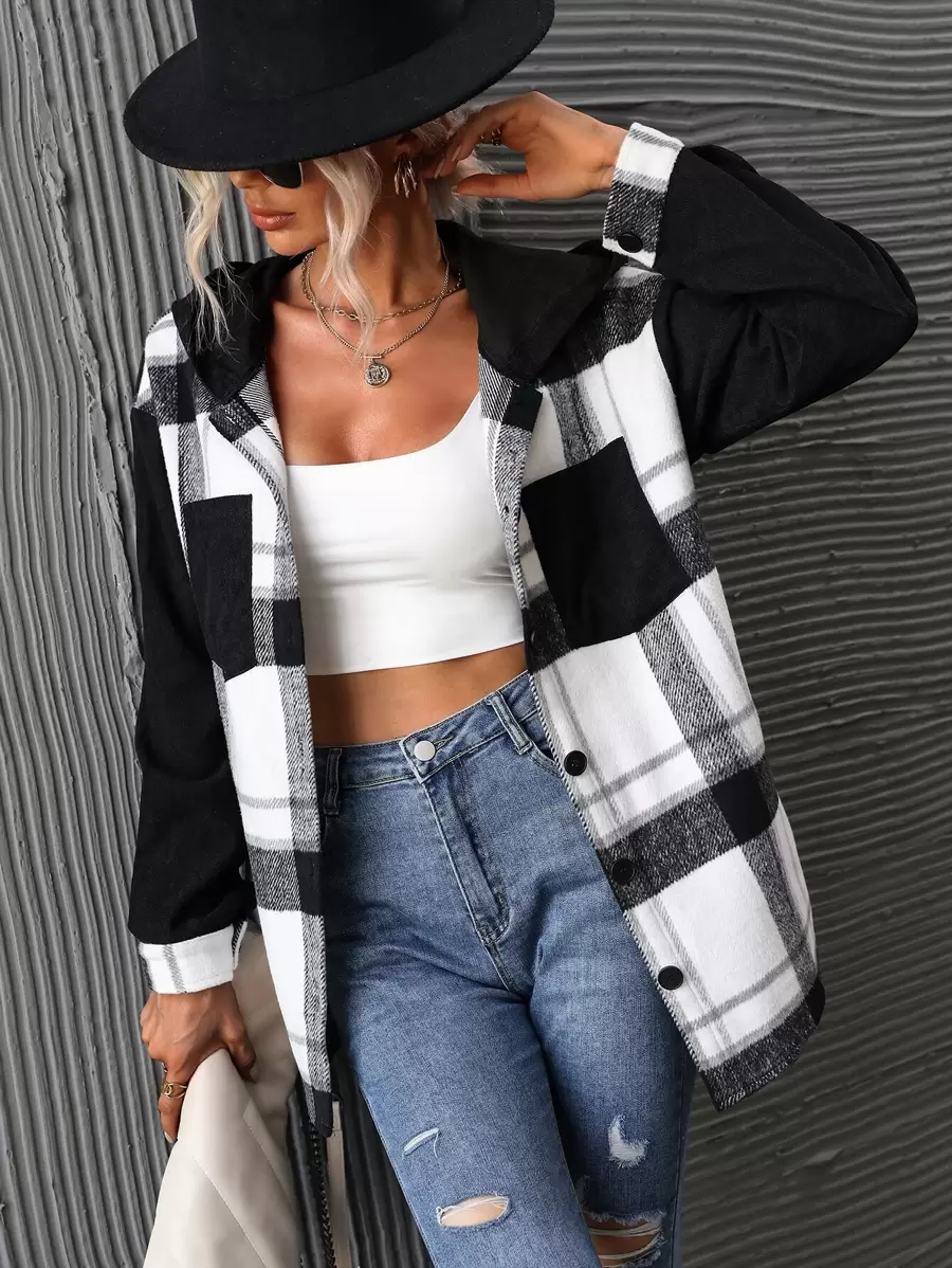 SHEIN LUNE Plaid Print Drop Shoulder Hooded Coat Fall Winter Cloth For Women - Black and White - View 1
