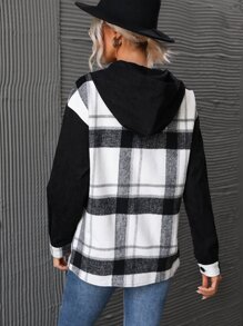 SHEIN LUNE Plaid Print Drop Shoulder Hooded Coat Fall Winter Cloth For Women - Black and White - View 2
