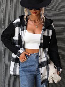 SHEIN LUNE Plaid Print Drop Shoulder Hooded Coat Fall Winter Cloth For Women - Black and White - View 4