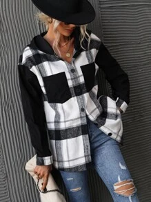 SHEIN LUNE Plaid Print Drop Shoulder Hooded Coat Fall Winter Cloth For Women - Black and White - View 5