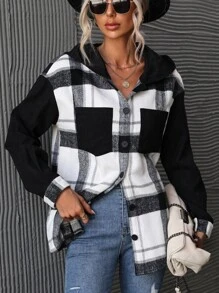 SHEIN LUNE Plaid Print Drop Shoulder Hooded Coat Fall Winter Cloth For Women - Black and White - View 6