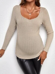 SHEIN Maternidad Camiseta tejido de canalé escote corazón - Caqui - Ver 6