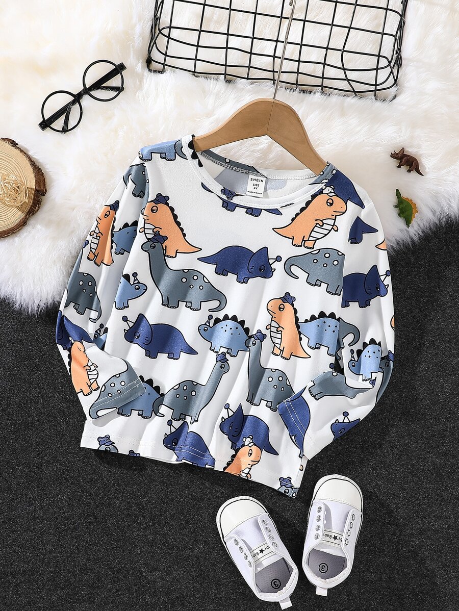 Toddler Boys Cartoon Dinosaur Print Tee - White - View 1