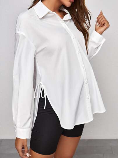 SHEIN Maternity Solid Color Drop Shoulder Long Sleeve Side Tie Single-Breasted Casual Shirt