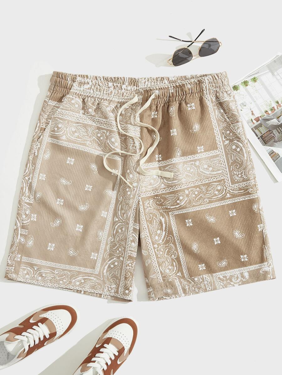 Manfinity VCAY Loose Fit Men's Paisley Print Drawstring Waist Shorts Baggy Pattern Graphic Colorful Khaki Vacation Casual - Khaki - View 1