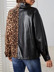 Leopard Print PU Leather Biker Jacket - Multicolor - View 2