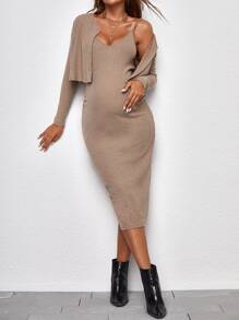 SHEIN Maternidad Vestido ajustado de tirantes tejido de canalé con Cazadora - Caqui - Ver 1