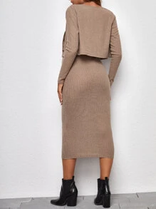 SHEIN Maternidad Vestido ajustado de tirantes tejido de canalé con Cazadora - Caqui - Ver 2