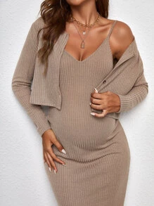 SHEIN Maternidad Vestido ajustado de tirantes tejido de canalé con Cazadora - Caqui - Ver 3