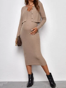 SHEIN Maternidad Vestido ajustado de tirantes tejido de canalé con Cazadora - Caqui - Ver 4