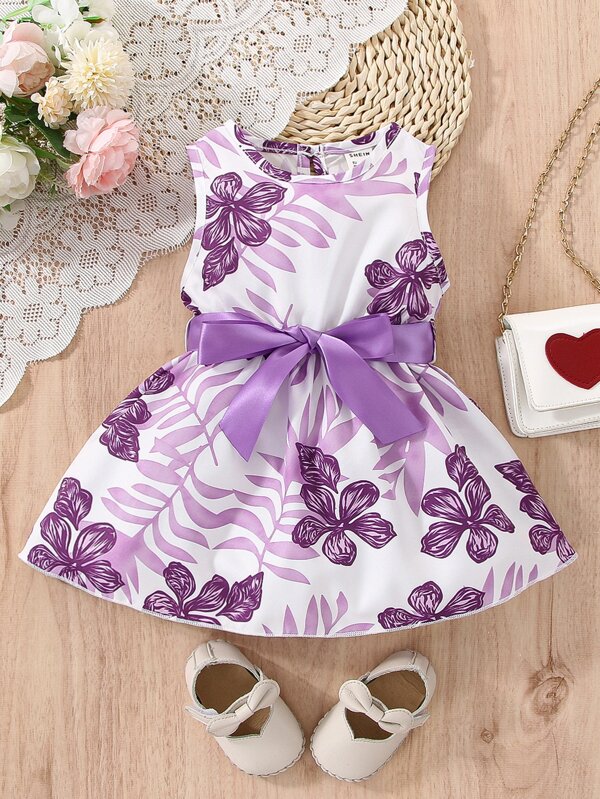 Baby Girl Tropical Print Keyhole Back Belted Dress
