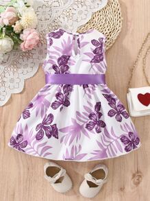 Baby Girl Tropical Print Keyhole Back Belted Dress - Multicolor - View 2