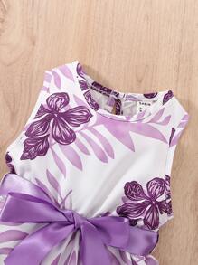 Baby Girl Tropical Print Keyhole Back Belted Dress - Multicolor - View 5