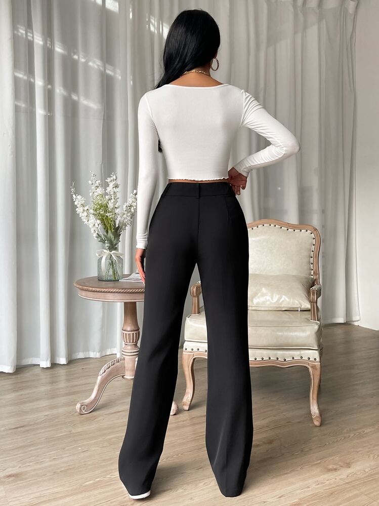 High Waist Slant Pocket Flare Leg Suit Pants - Black - View 2
