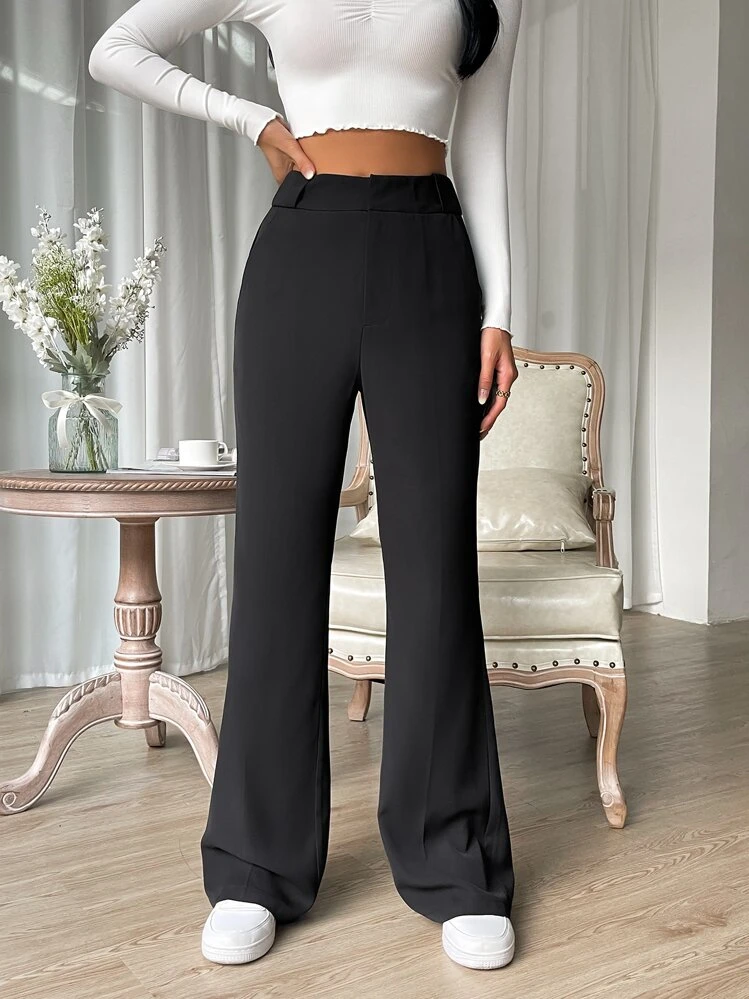 High Waist Slant Pocket Flare Leg Suit Pants - Black - View 3