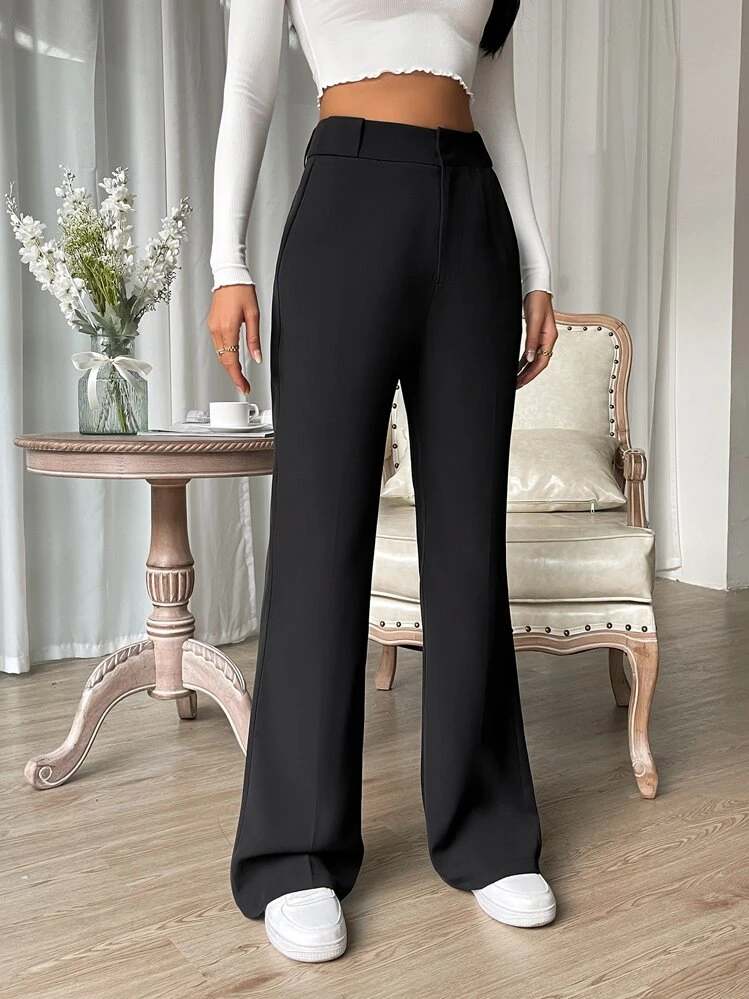 High Waist Slant Pocket Flare Leg Suit Pants - Black - View 4